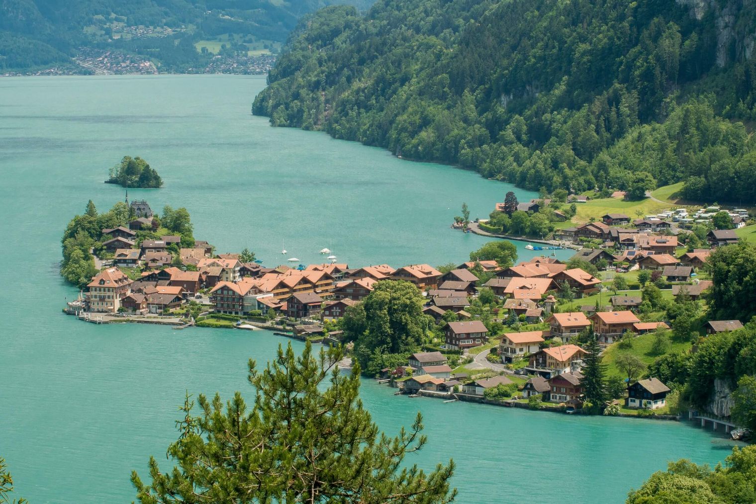 Ausblick von der Sengg in RIchtung Iseltwald. Charmante Häuser bilden den Dorfkern.