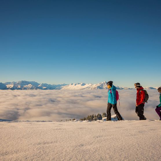 Drei Wanderer im Schnee auf dem Niederhorn mit Blick über das Nebelmeer zu den Bergen