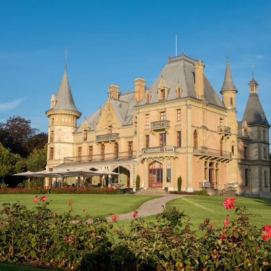 Schloss Schadau umgeben von einer grünen Wiese und Blumen im Schadaupark